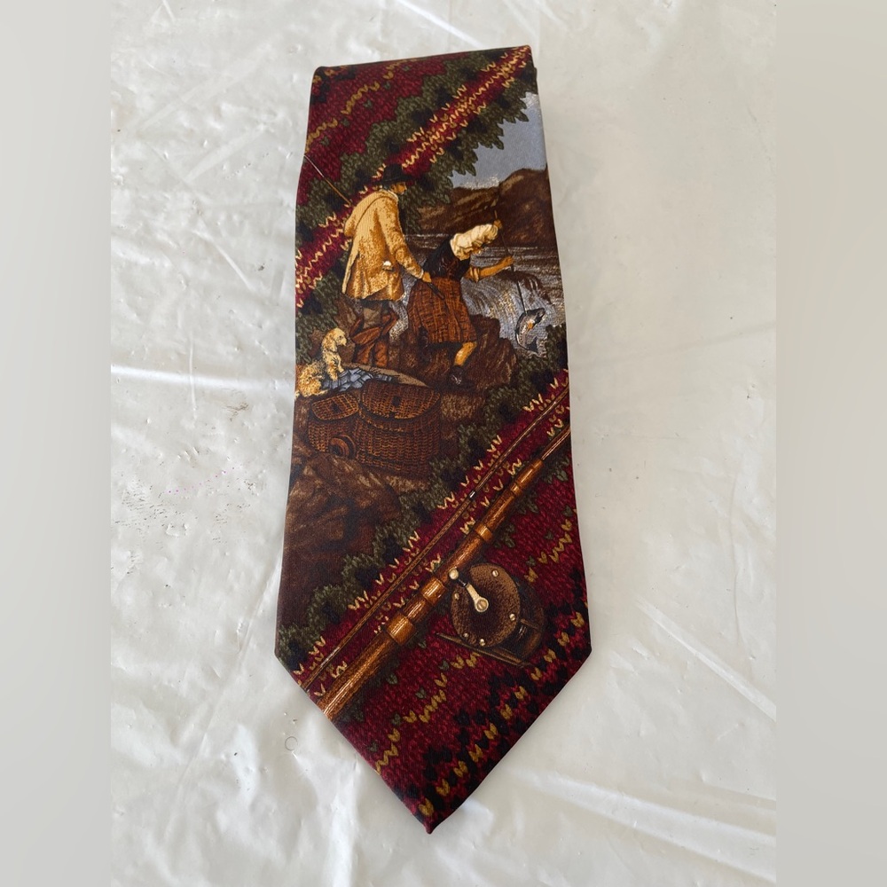 vintage Polo Ralph Laure Classic Men's Hunting Scene Tie in Burgundy and Brown
